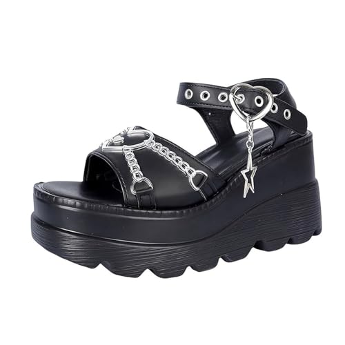 Damen Plateau Sandalen Gothic Pumps Keilabsatz Klobiger Absatz Offene Zehenpartie Herzkette Sternanhänger Blockabsatz Punk Sommer high heel Für Schule Party Business Arbeit Strand Date 3.74 IN(Black,4 von Generic