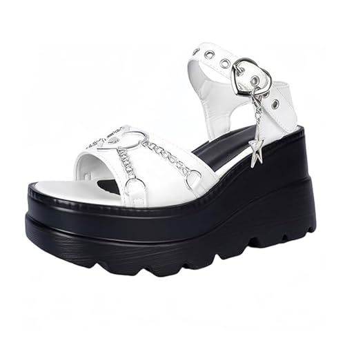 Damen Plateau Sandalen Gothic Pumps Keilabsatz Klobiger Absatz Offene Zehenpartie Herzkette Sternanhänger Blockabsatz Punk Sommer high heel Für Schule Party Business Arbeit Strand Date 3.74 IN(White,3 von Generic