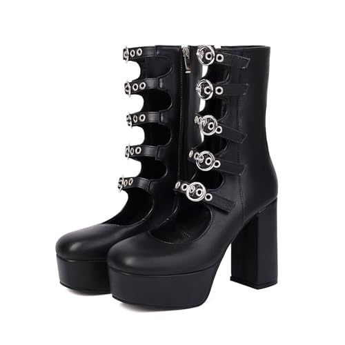 Damen Plateau Sandalen Gothic Pumps Klobige Stiefeletten Verstellbarer Schnallenriemen Punk Sommer high Heel Für Schule Party Business Arbeit Tanz Date 4.13IN(Black,38 EU) von Generic
