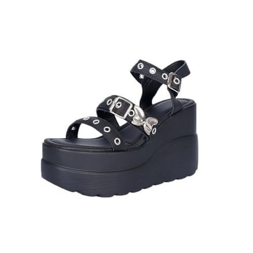 Damen Plateau Sandalen Gothic Pumps Metall Schmetterling Anhänger Keilabsatz Klobig Hohl Offen Schnalle Blockabsatz Punk Sommer high Heel Für Schule Party Business Arbeit Tanz Date Schwarz(38 EU) von Generic