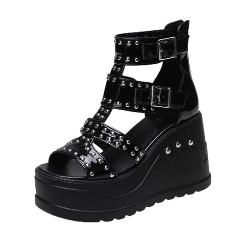 Damen Plateau Sandalen Gothic Pumps Nietenbesetzt Klobig Keilabsatz Stiefeletten Schnallen Hohl Peep Toe Blockabsatz Punk Sommer high heel Für Schule Party Business Arbeit Tanz Date Schwarz 3.93 IN(35 von Generic