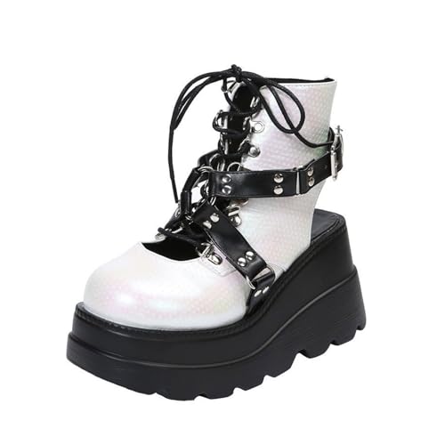Damen Plateau Sandalen Gothic Pumps Riemchen Slingback Keilabsatz Stiefeletten Punk Schnalle Rund Geschlossen Sommer high Heels Schuhe Für Schule, Party, Business, Arbeit, Tanz, Date(White,40 EU) von Generic