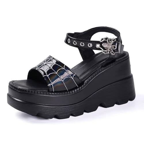 Damen Plateau Sandalen Gothic Pumps Spider Style Keilabsatz Offene Zehenpartie Verstellbare Metallschnalle Klobig Punk Sommer high heel Für Schule Party Business Arbeit Strand Date(Black shiny leather von Generic
