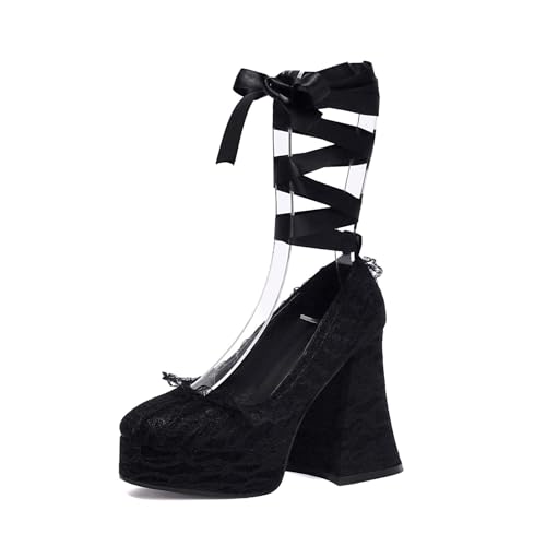 Damen Plateau Sandalen Gothic Pumps Spitze Blumen Klobig Punk Kreuzriemen Runde Zehenpartie Blockabsatz Sommer high Heels Schuhe Für Schule, Party, Business, Arbeit, Tanz, Date 4.72IN(Black,40 EU) von Generic