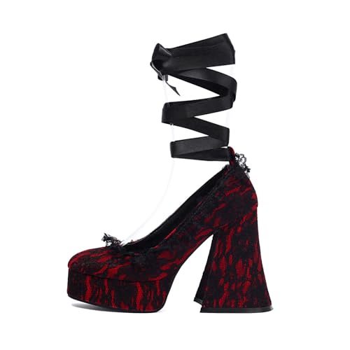Damen Plateau Sandalen Gothic Pumps Spitze Blumen Klobig Punk Kreuzriemen Runde Zehenpartie Blockabsatz Sommer high Heels Schuhe Für Schule, Party, Business, Arbeit, Tanz, Date 4.72IN(Red,42 EU) von Generic