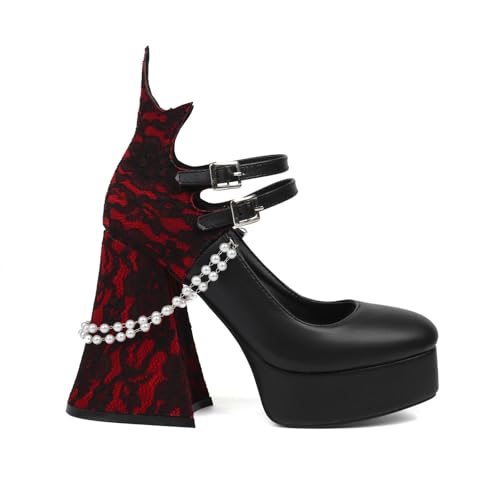 Damen Plateau Sandalen Gothic Pumps Spitze mit Blumenmuster Klobig Punk Perlen Gerade Schnalle Runde Zehenpartie Blockabsatz Sommer high heel Schuhe Für Schule Party Arbeit Tanz Date 4.72IN(Black PU,3 Damen Plateau Sandalen Gothic Pumps Spitze mit Blumenmuster Klobig Punk Perlen Gerade Schnalle Runde Zehenpartie Blockabsatz Sommer high heel Schuhe Für Schule Party Arbeit Tanz Date 4.72IN(Black PU,3 von Generic