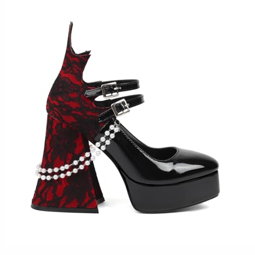 Damen Plateau Sandalen Gothic Pumps Spitze mit Blumenmuster Klobig Punk Perlen Gerade Schnalle Runde Zehenpartie Blockabsatz Sommer high heel Schuhe Für Schule Party Arbeit Tanz Date 4.72IN(Black pate Damen Plateau Sandalen Gothic Pumps Spitze mit Blumenmuster Klobig Punk Perlen Gerade Schnalle Runde Zehenpartie Blockabsatz Sommer high heel Schuhe Für Schule Party Arbeit Tanz Date 4.72IN(Black pate von Generic