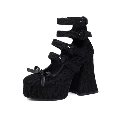 Damen Plateau Sandalen Gothic Pumps Spitze mit Blumenmuster Klobig Punk Schleife Fesselriemen Schnalle Runde Zehenpartie Blockabsatz Sommer high heel Schuhe Für Schule Party Arbeit Tanz Date 4.84IN(Bl von Generic