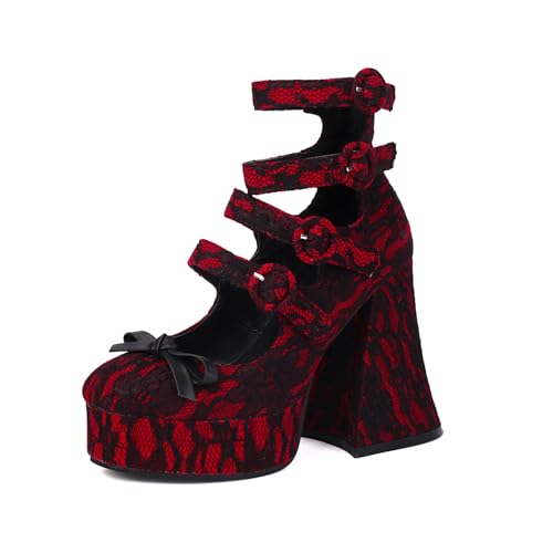 Damen Plateau Sandalen Gothic Pumps Spitze mit Blumenmuster Klobig Punk Schleife Fesselriemen Schnalle Runde Zehenpartie Blockabsatz Sommer high heel Schuhe Für Schule Party Arbeit Tanz Date 4.84IN(Re von Generic