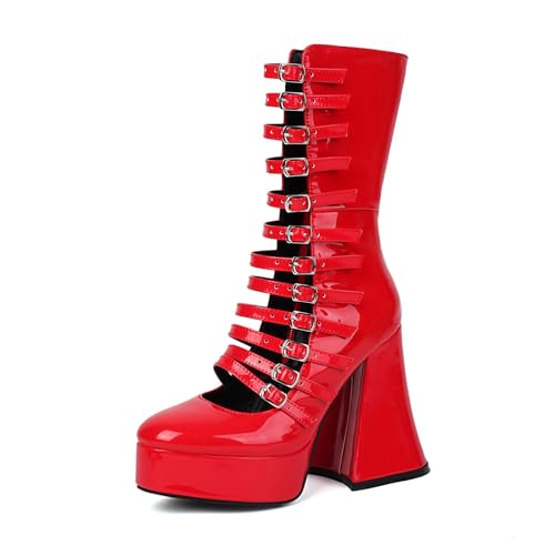Damen Plateau Sandalen Gothic Pumps Wasserdicht Klobig Lange Stiefel Punk Schnalle Reißverschluss Geschlossene Zehenpartie Blockabsatz Sommer high heel Für Party Business Arbeit Tanz Date 4.84IN(Red,3 von Generic