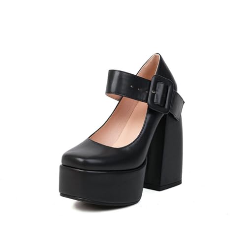 Damen Plateau Stämmiger Absatz Pumps Geschlossene Quadratische Zehe PU Leder Mary Jane Schuhe Knöchelriemen Partei Abschlussball Kleid Schuhe Mit Schnalle,Schwarz,38 EU von Generic
