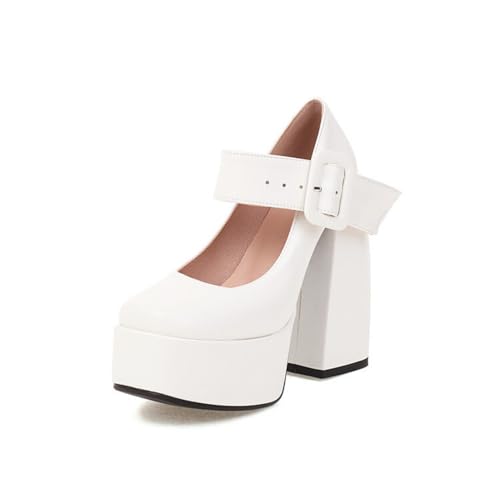 Damen Plateau Stämmiger Absatz Pumps Geschlossene Quadratische Zehe PU Leder Mary Jane Schuhe Knöchelriemen Partei Abschlussball Kleid Schuhe Mit Schnalle,Weiß,38.5 EU von Generic