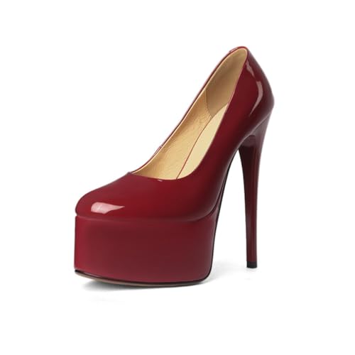 Damen Plateau Stiletto High Heels Runde Geschlossene Zehen Pumps Slip On Schuhe für Hochzeitskleid Party Prom,Wine red,35 EU von Generic