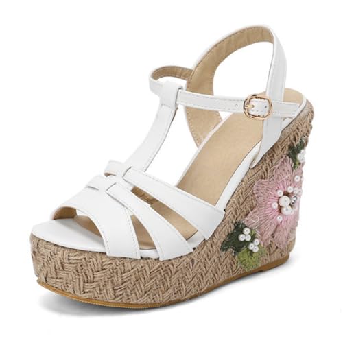 Damen Plateau-Wedges mit offener Spitze und Knöchelriemen, Keilabsatz, hoher Absatz, hohl, elegant, bequem,Weiß,43 EU Damen Plateau-Wedges mit offener Spitze und Knöchelriemen, Keilabsatz, hoher Absatz, hohl, elegant, bequem,Weiß,43 EU von Generic