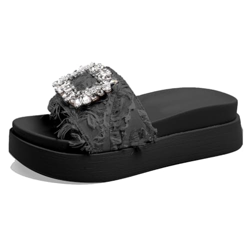 Damen Plateausandalen - 5cm Höhe, Strass-Schnalle & Fransen-Detail, Schwarz/Weiß,Schwarz,35 EU von Generic