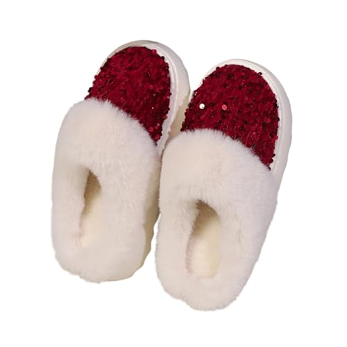 Damen Plüsch Pantoffeln Mode Pailletten Flauschig Gefüttert Winter Warm Komfort Chunky Haus Baumwolle Hausschuhe 36-37 EU,Rot von Generic