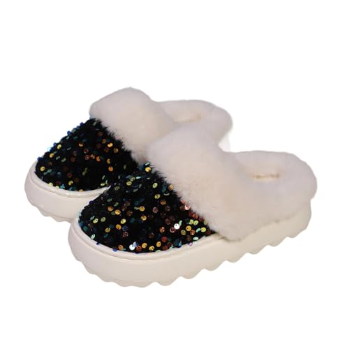 Damen Plüsch Pantoffeln Mode Pailletten Flauschig Gefüttert Winter Warm Komfort Chunky Haus Baumwolle Hausschuhe 40-41 EU,Schwarz von Generic