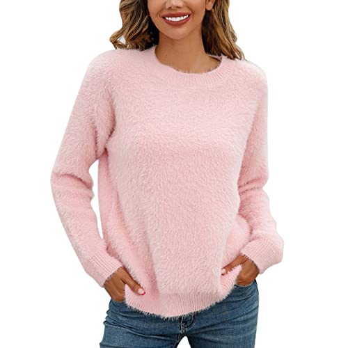 Damen Plüsch Pullover Einfarbig Langarm Rundhals Pullover Beliebter Pullover Damen Pullover Fuzzy Pullover, rose, S von Generic