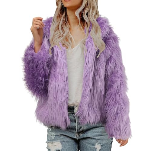 Damen Plüschjacke Kunstpelzjacke mit Kapuze Warme Winterjacke Elegant Pelzjacke Wintermantel Faux Fur Kapuzenjacke Einfarbig Kunstpelz Outwear Thermo Hooded Winterparka Felljacke (Lila, M) von Generic