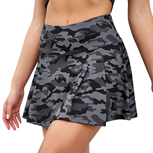 Damen Print Tennis Rock Sport Golf Shorts Rock Hohe Taille Plissee Mini Athletic Running Rock Grün Set Rock, camouflage, 52 von Generic