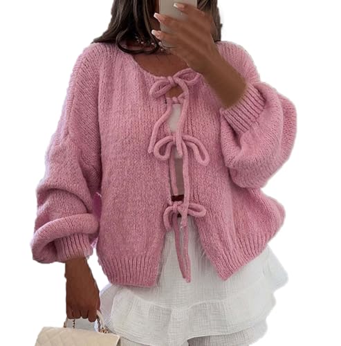 Damen Puff Cardigan mit Langen Ärmeln und Schleife vorne lockere Y2K Strickweste mit Schleife zum Schnüren von Generic