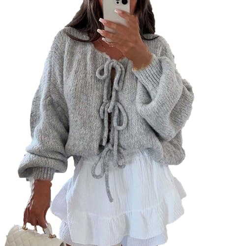 Damen Puff Cardigan mit Langen Ärmeln und Schleife vorne lockere Y2K Strickweste mit Schleife zum Schnüren von Generic