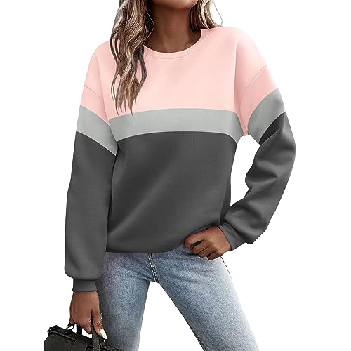 Damen Pullover, Oberteile Damen Elegant Crewneck Sweatshirt Casual Locker Pullover Streetwear Sport Longsleeve Shirt Langarm Funktionsshirt Oversized Wollpullover Winter Langer (Rosa,S) von Generic