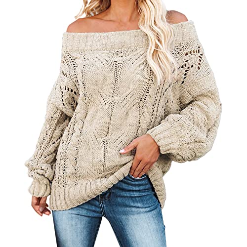 Damen Pullover, Schulterfrei Einfarbig Strickpullover Damen Langarm Winterpullover Damen Winter Wärme Oversize Pullover Damen Gestrickt Pulli Sweatshirts Strickpulli Tops von Generic