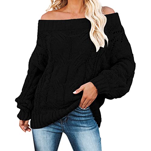 Damen Pullover, Schulterfrei Einfarbig Strickpullover Damen Langarm Winterpullover Damen Winter Wärme Oversize Pullover Damen Gestrickt Pulli Sweatshirts Strickpulli Tops von Generic