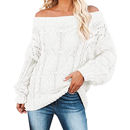 Damen Pullover, Schulterfrei Einfarbig Strickpullover Damen Langarm Winterpullover Damen Winter Wärme Oversize Pullover Damen Gestrickt Pulli Sweatshirts Strickpulli Tops von Generic