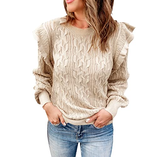 Damen Pullover,Strickpullover Einfarbig Elegant Pullover mit Knop Damen Rüschen Pulli Langarm Rundhals Strickpulli Lässiges Winter Oberteil Für Frauen Stricken Langarmshirt von Generic