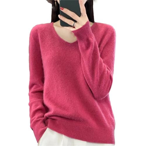 Damen-Pullover Aus Merinowolle, Einfarbig, V-Ausschnitt, Lockerer Strickpullover Für Herbst Und Winter Rose Red XL von Generic