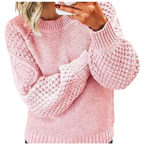 Damen Pullover Casual Lose Oversize Strickpulli Lässiger, einfarbiger, verdickter, Warmer Pullover mit Patchwork-O-Ausschnitt für Damen Winterpulli für Frauen Jumper Sweatshirt (Pink, XXL) von Generic