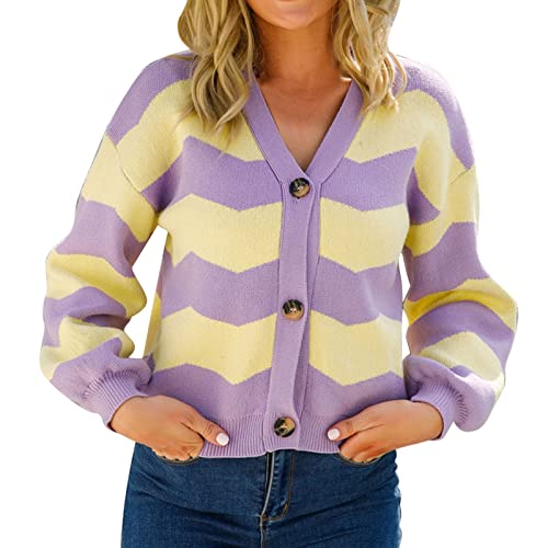 Damen Pullover Elegant, Strickjacke Kurz Gestreift Elegant Cardigan Locker Strickpullover V-Ausschnitt mit Knopfleiste Strickcardigan Winter Oversize Lässiges Strick Langarm Outwear von Generic
