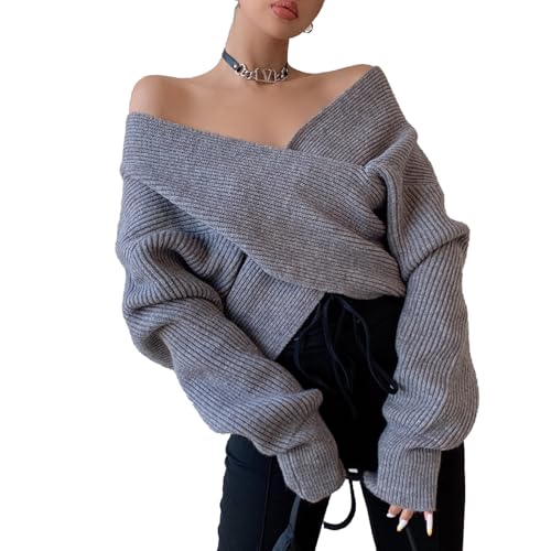 Damen Pullover Elegant Wickelpullover V Ausschnitt Strickpullover Pulli Langarm Sweater Wickeloptik Warme Winterpullover Oberteile Lockere Jumpers Strickpulli Frauen Herbst Winter Herbstmode 2024 von Generic