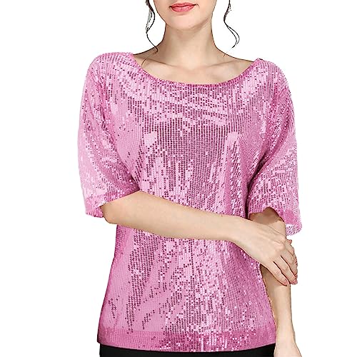 Damen Pullover Glitzer Shirt Kurzarm Oberteile Schön Glänzend Pailletten Tops Tshirt Elegant Festlich Damenbluse Mode Abend Party Wedding Glitzertop Bluse Tunika von Generic