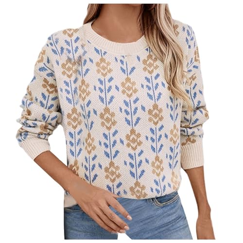 Damen Pullover Herbst Strickpullover Rundhals Blumen Elegant Pulli Langarm Sweater Warme Winterpullover Locker Gestrickte Oberteile Strickpulli Jumpers Langarmshirt Winter Herbstmode 2024 von Generic