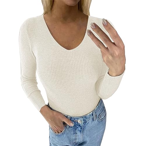 Damen Pullover Hoodie Frühling | Sommer Sweatshirt | Warm V-Ausschnitt Lange Ärmel Casual Strickpullover Slim Mantel Top Oversize Pulli S M L XL (New 1-Beige, M) von Generic