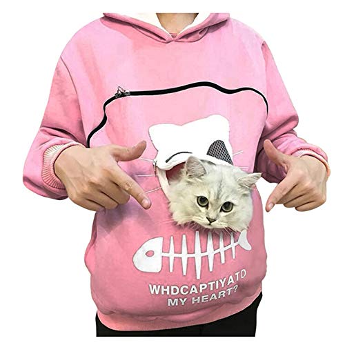 Damen Pullover Kapuzenpullover mit Katzen Hund Tasche Hundetasche Katze Sweatshirt Pulli Hoodie Kapuze Katzenpulli Beutel Langarm Herbst Winter (Rosa, L) von Generic