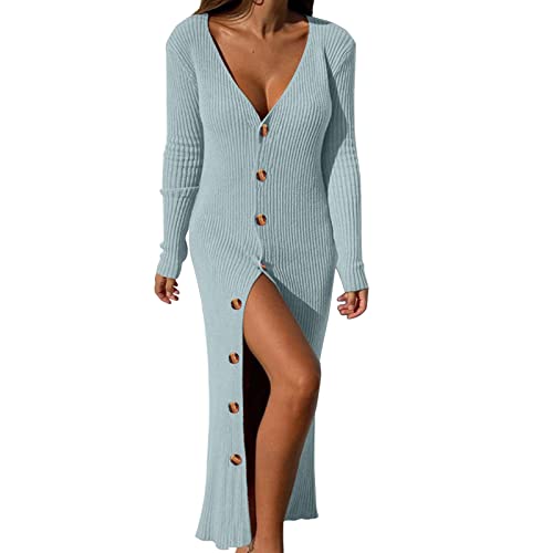 Damen Pullover Kleid Elegant Lang Strickkleid Tief V-Ausschnitt Langarm Herbst Winter Elegant Sweatkleid mit Knopf Freizeit Winterkleid Mode Kleidung Dress Tops von Generic