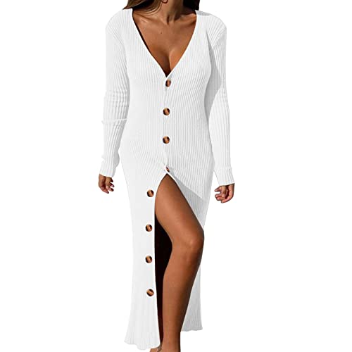 Damen Pullover Kleid Elegant Lang Strickkleid Tief V-Ausschnitt Langarm Herbst Winter Elegant Sweatkleid mit Knopf Freizeit Winterkleid Mode Kleidung Dress Tops von Generic