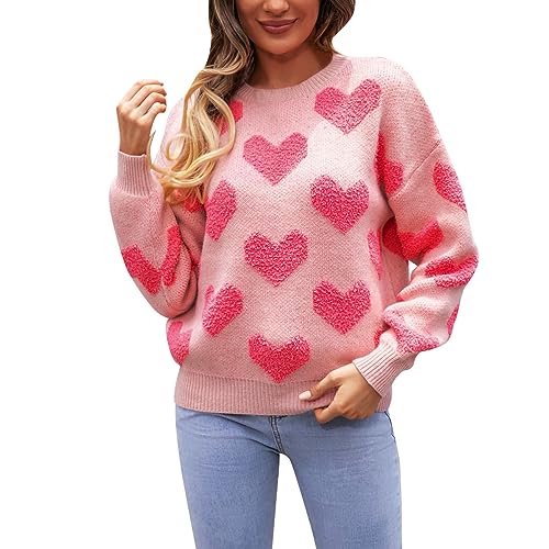 Damen Pullover Strickpullover Herbst Herz Drucken Pulli Elegant Rundhals Sweater Langarm Warm Winterpullover Lose Jumpers Strick Oberteile Strickpulli Winter Outfit Kleidung Damenmode von Generic