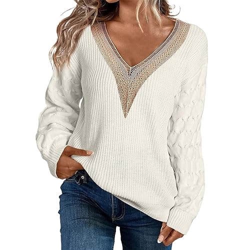 Damen Pullover Strickpullover V Ausschnitt Spitze Herbst Pulli Elegant Langarm Sweater Lose Warm Winterpullover Gestrickte Jumpers Oberteile Tops Strickpulli Winter Outfit Klamotten Damenmode von Generic