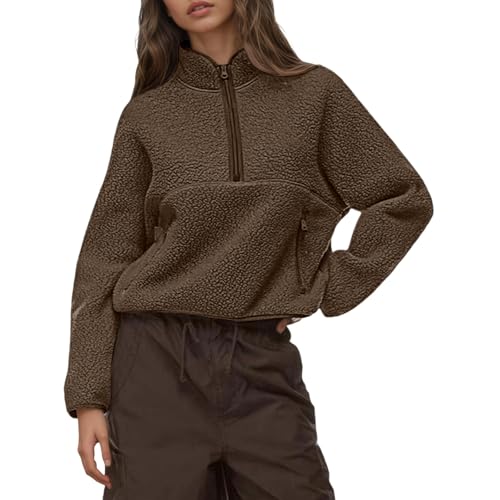 Damen Pullover Teddy Fleece Sweatshirt Half Zip-Up Stehkragen Fleecepullover Y2K Kurze Fleecejacke Kuschelpullover Casual Langarm Oberteile Tops Warme Teddyjacke Winterjacke mit Taschen (Kaffee, S) von Generic