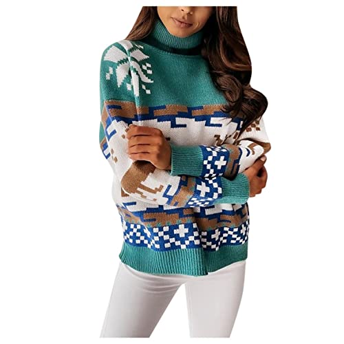 Damen Pullover Weihnachtspullover Rollkragen Sweater Langarm Sweatshirt Pulli mit Norwegermuster Elegant Casual Weihnachtspulli Oberteil Top Loose Fit Tops von Generic