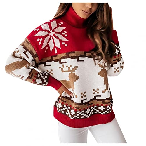Damen Pullover Weihnachtspullover Rollkragen Sweater Langarm Sweatshirt Pulli mit Norwegermuster Elegant Casual Weihnachtspulli Oberteil Top Loose Fit Tops von Generic