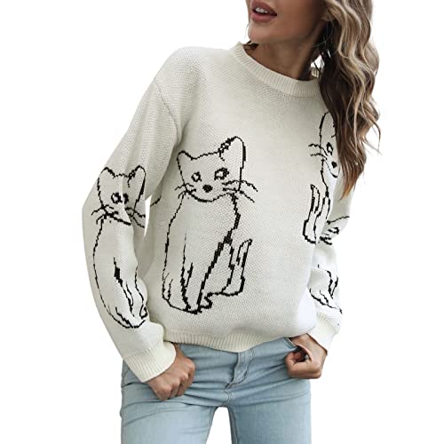 Generic Damen Pullover Winter, Strickpullover mit Katze Langarm Rundhals Winterpullover Elegant Sweatshirt Ohne Kapuze Lässiges Oversize Oberteil Tops Pullover Für Damen von Generic