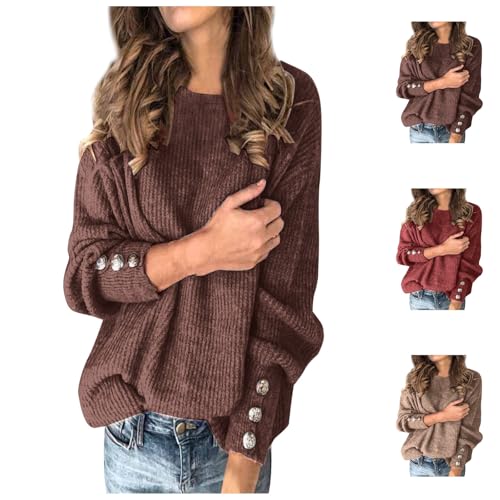 Damen Pullover Winter Langarm Lose Strickpullover Casual Warm Gestrickt mit Metallknöpfen Damen Pullover von Generic