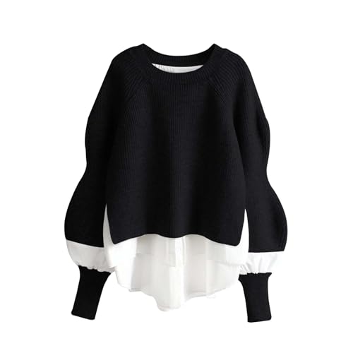 Damen Pullover mit Bluseneinsatz Herbst Winter Elegant Strickpullover Fledermausärmel Pulli Langarm Sweater Rundhals Winterpullover Warm Lose Gestrickte Oberteile Strickpulli Jumpers Outfit Frauen von Generic
