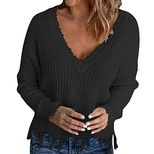 Damen Pullover mit V-Ausschnitt, Saum, Fransen, einfarbig, Strickpullover für Jungen und Mädchen, Schwarz , XX-Large von Generic